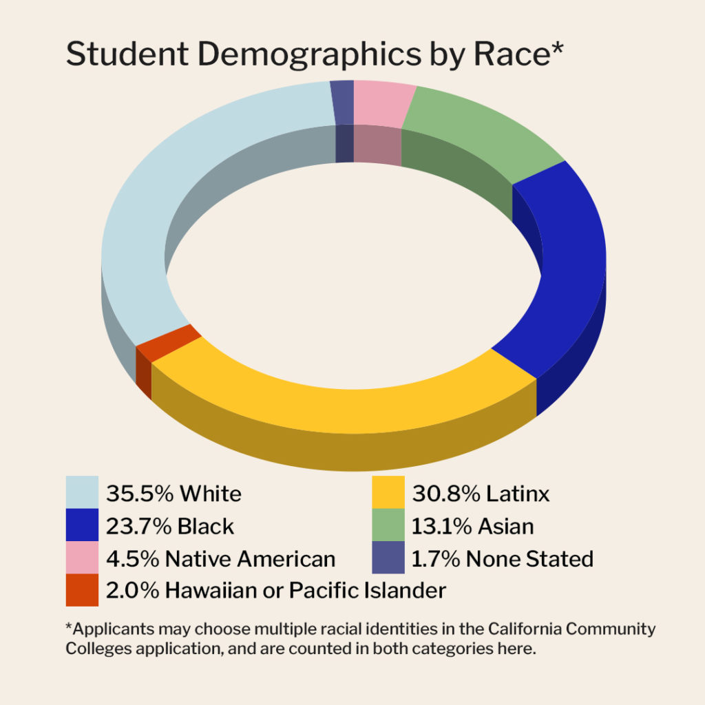Student Demographics by Race: American Indian or Alaskan Native 4.5% Asian 13.1% Black or African American 23.7% Latinx 30.8% Native Hawaiian or Other Pacific Islander 2.0% White 35.5% None Stated 1.7%