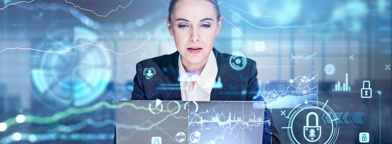 Front view of concentrated attractive businesswoman with laptop, blue glowing information protection icons. Padlock and business data symbols. Concept of cyber security and data storage
