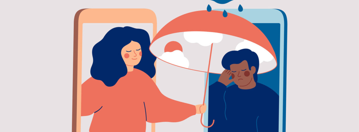 Woman supports black man with psychological problems. Girl comforts her sad friend over the phone. Counselling for people under stress and depression over online services.Online therapy concept.Vector