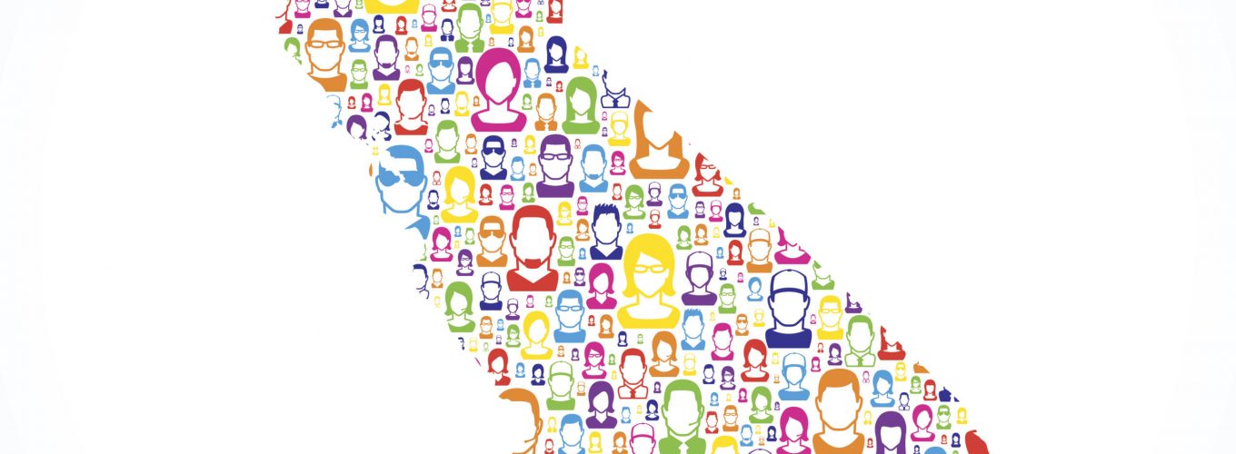 Map of California with a large group of people (multicolored faces). Conceptual creative map, can symbolize the unity, cooperation, teamwork, variation, patriotism, social media, origins, customer...