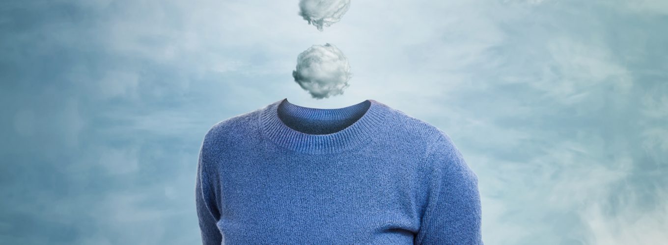 Surreal image as young woman anonymous has invisible face and question mark cloud instead of head. Social mask, hiding identity. Incognito introvert person with head in the clouds psychology concept.